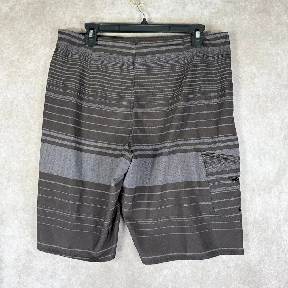 Hang‎ Ten Board Shorts Mens 34 Grey Striped Cargo Pocket Swim Trunks HTY13S5028